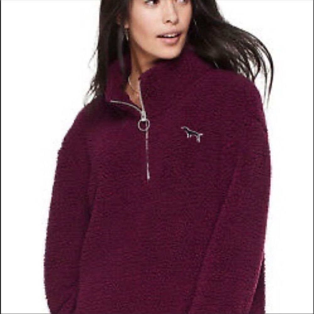 Victoria’s Secret PINK Sherpa Fleece Cranberry/Maroon 1/4 Zip Pullover! 🔥